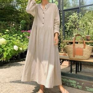 Vintage Tan Eileen Fisher 100% Linen Long Sleeve Button Front Maxi Dress Size 2